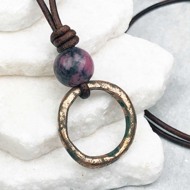 Rich Red Golden Bronze Celtic Ring Money and Rhodonite Leather Necklace