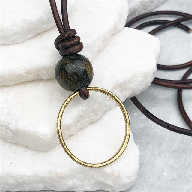 Lightest Golden Bronze Celtic Ring Money and Bronzite Leather Necklace