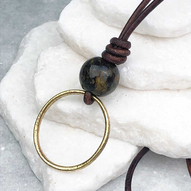 Lightest Golden Bronze Celtic Ring Money and Bronzite Leather Necklace