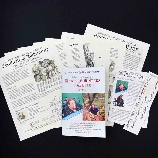 Various sample documents from Cannon Beach Treasure Company are displayed, including a "Certificate of Authenticity," a "History Brief," and "Robert Lewis Knecht’s Treasure Hunters Gazette Volume 1." The setting is a solid black background.