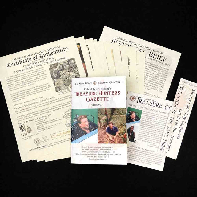 Detailed multi-page certificate of authenticity that comes with each of our treasure coin jewelry pendants researched and written by Robert Lewis Knecht - the finest Gold Standard historic documentation in the world