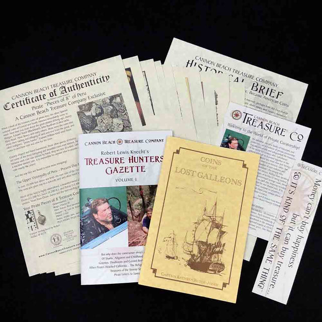 Detailed multi-page certificate of authenticity that comes with each of our treasure coin jewelry pendants researched and written by Robert Lewis Knecht - the finest Gold Standard historic documentation in the world