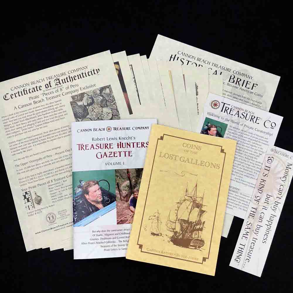 Detailed multi-page certificate of authenticity that comes with each of our treasure coin jewelry pendants researched and written by Robert Lewis Knecht - the finest Gold Standard historic documentation in the world
