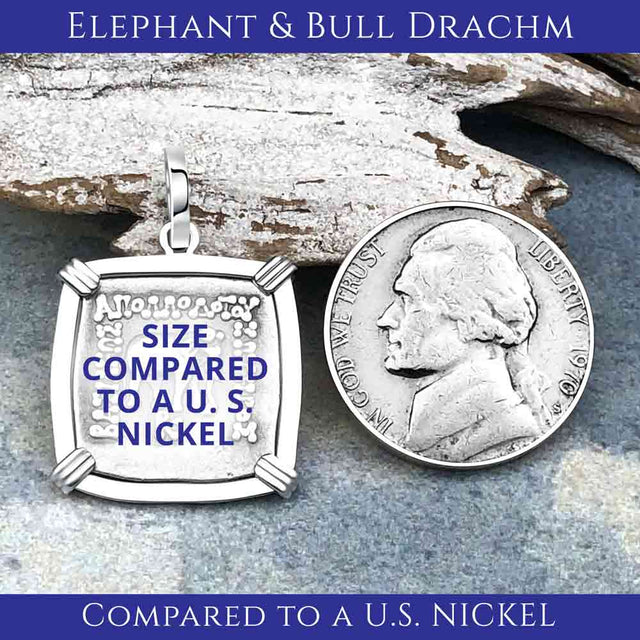 Ancient Indo-Greek Bactrian Elephant and Bull Silver Drachm Coin 170 BC 14K White Gold Pendant | Artifact #4575
