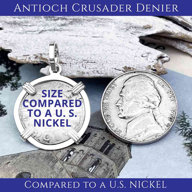 Size compared to a U.S. Nickel Templar Knights Era Antioch Crusader Medieval Silver Denier Helmet Head Coin of the Crusades Pendant