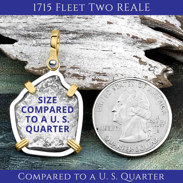 1715 Fleet 2 reale pendant size compared to a quarter