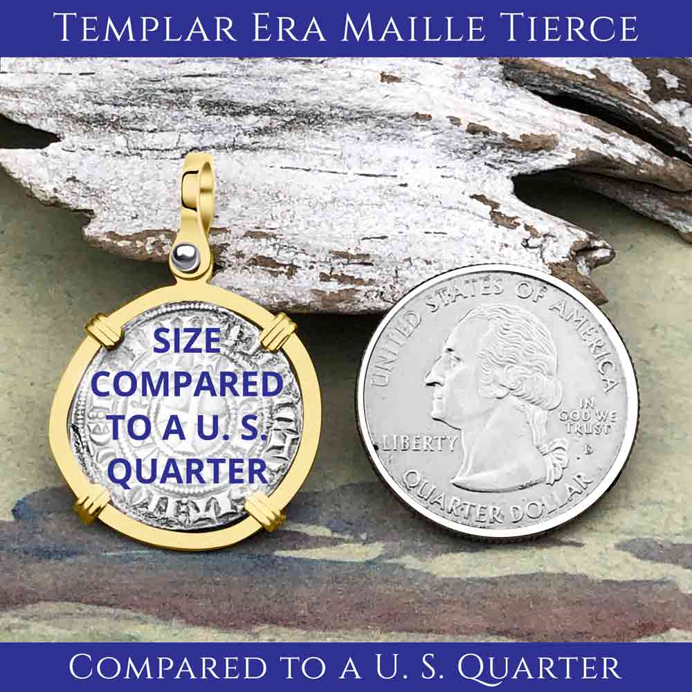 Templar Knights Era Medieval France Silver Maille Tierce Crusader Cross Coin 14K Gold Pendant | Artifact #4765