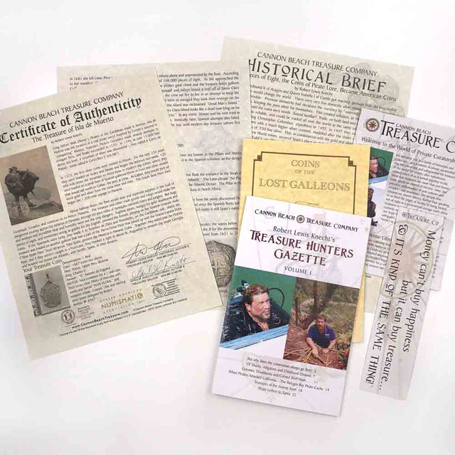 Detailed multi-page certificate of authenticity that comes with each of our treasure coin jewelry pendants researched and written by Robert Lewis Knecht - the finest Gold Standard historic documentation in the world