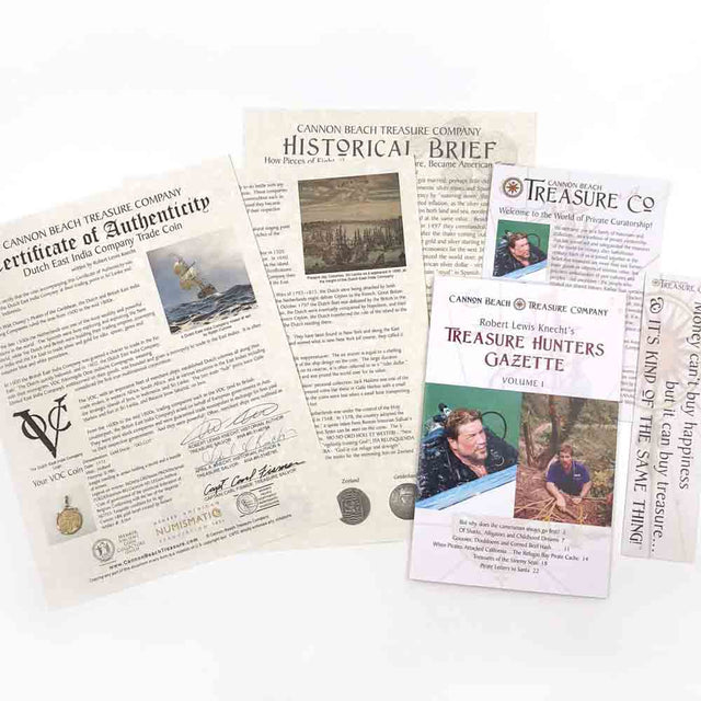 Detailed multi-page certificate of authenticity that comes with each of our treasure coin jewelry pendants researched and written by Robert Lewis Knecht - the finest Gold Standard historic documentation in the world