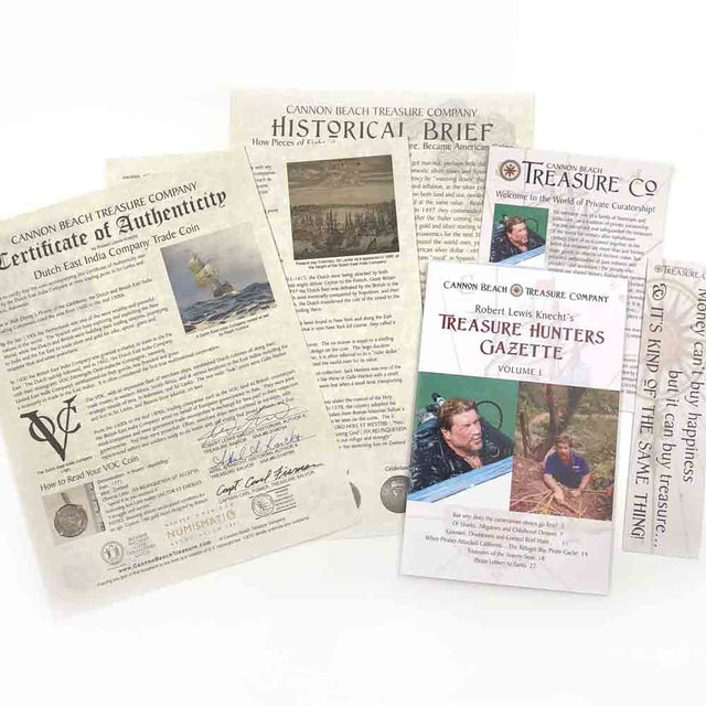 Detailed multi-page certificate of authenticity that comes with each of our treasure coin jewelry pendants researched and written by Robert Lewis Knecht - the finest Gold Standard historic documentation in the world