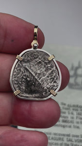 video RARE Hand Signed Mel Fisher's Atocha 4 Reale Shipwreck Coin 14K Gold and Sterling Silver Pendant