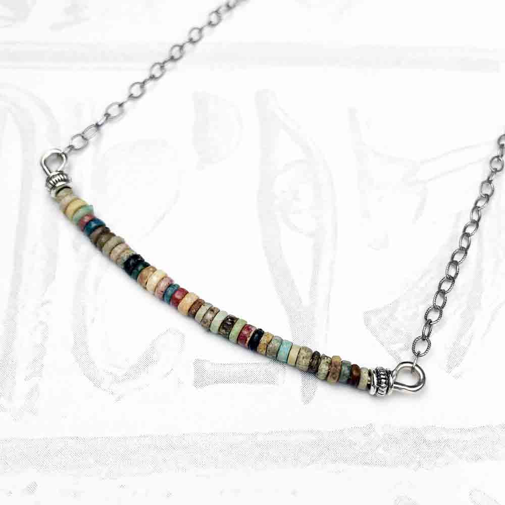 Ancient Egyptian Faience Mummy Bead Necklace in Sterling Silver