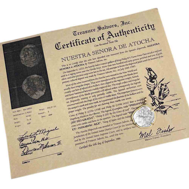 Mel Fisher's Atocha Grade 1, 4 Reale Shipwreck Coin 14K Gold Pendant