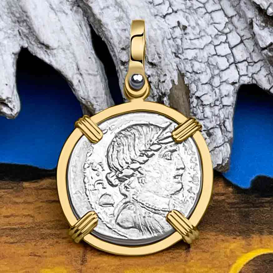 Roman Republic Liberty & the Warrior Silver Denarius 75 BC 14K Gold Pendant