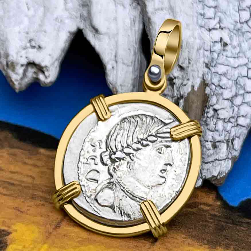 Roman Republic Liberty & the Warrior Silver Denarius 75 BC 14K Gold Pendant
