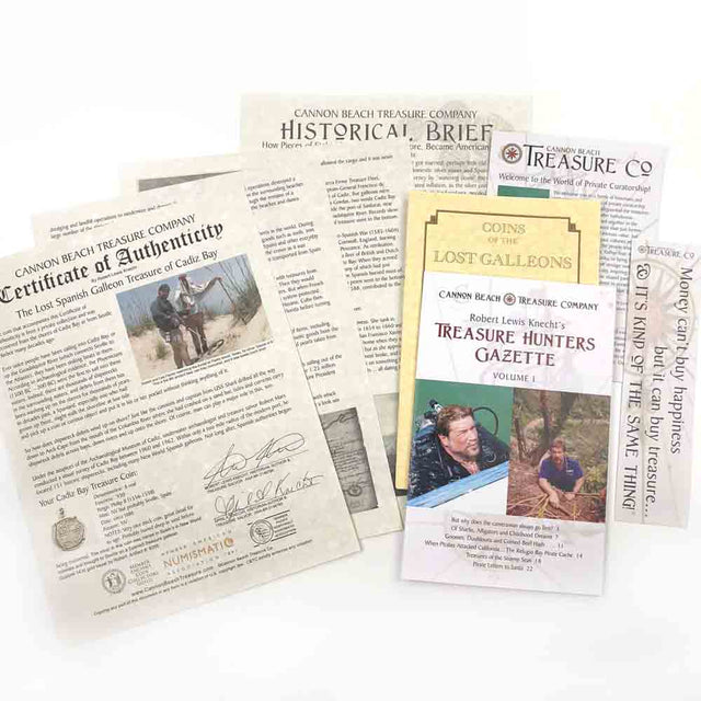 Detailed multi-page certificate of authenticity that comes with each of our treasure coin jewelry pendants researched and written by Robert Lewis Knecht - the finest Gold Standard historic documentation in the world