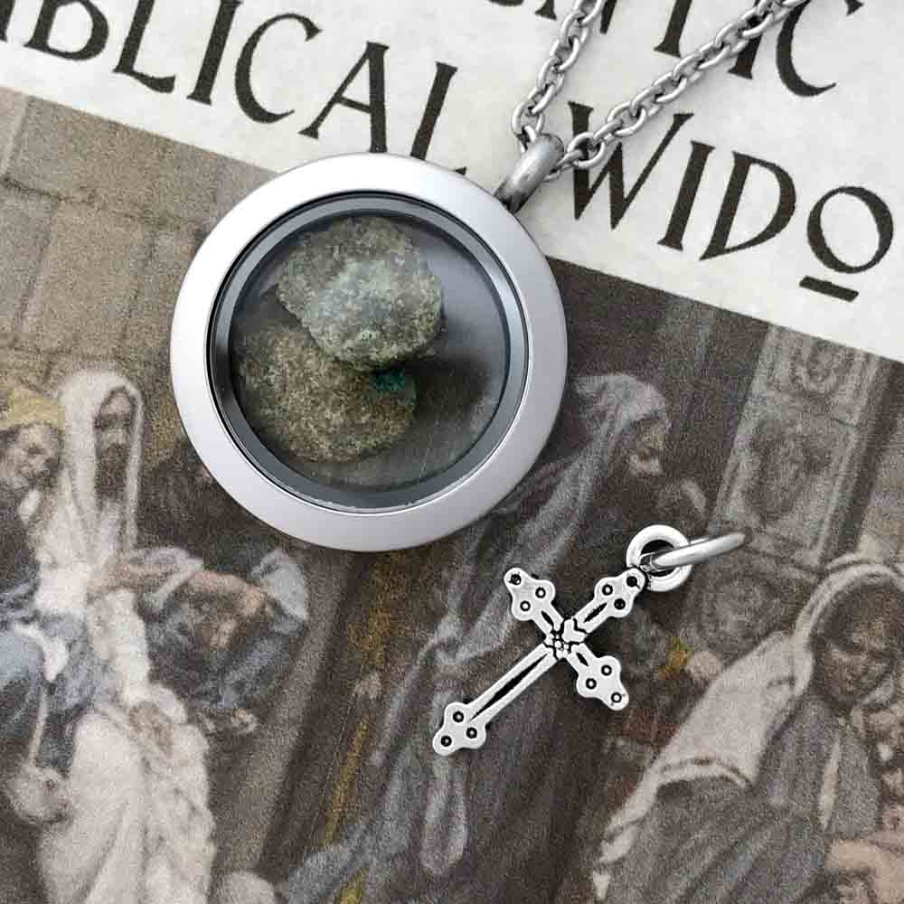 Jerusalem Hoard Bronze Biblical Widow&#39;s Mite 2 Mite Locket &amp; Cross Charm Package