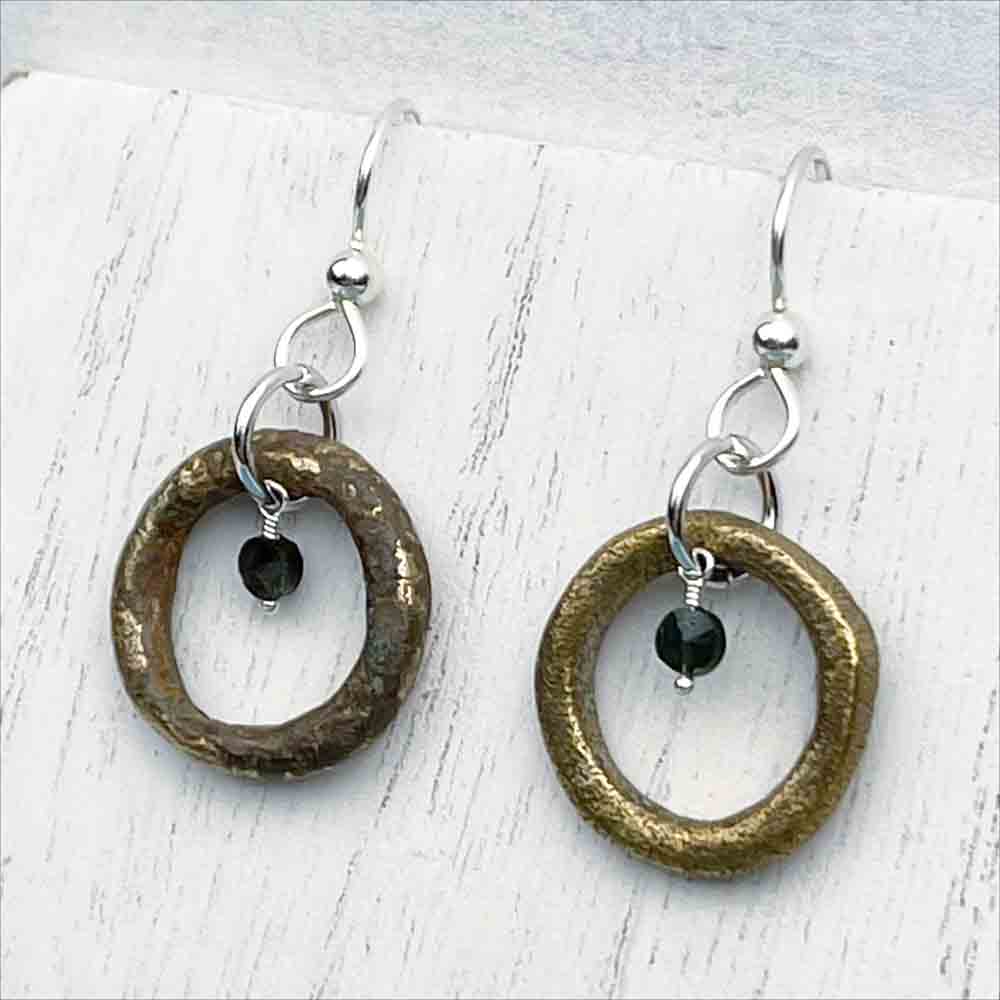 Variegated Bronze Celtic Ring Money Earrings with Genuine Quartz