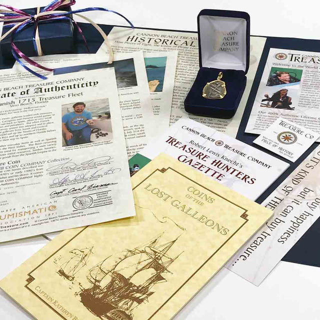 Detailed multi-page certificate of authenticity that comes with each of our treasure coin jewelry pendants researched and written by Robert Lewis Knecht - the finest Gold Standard historic documentation in the world