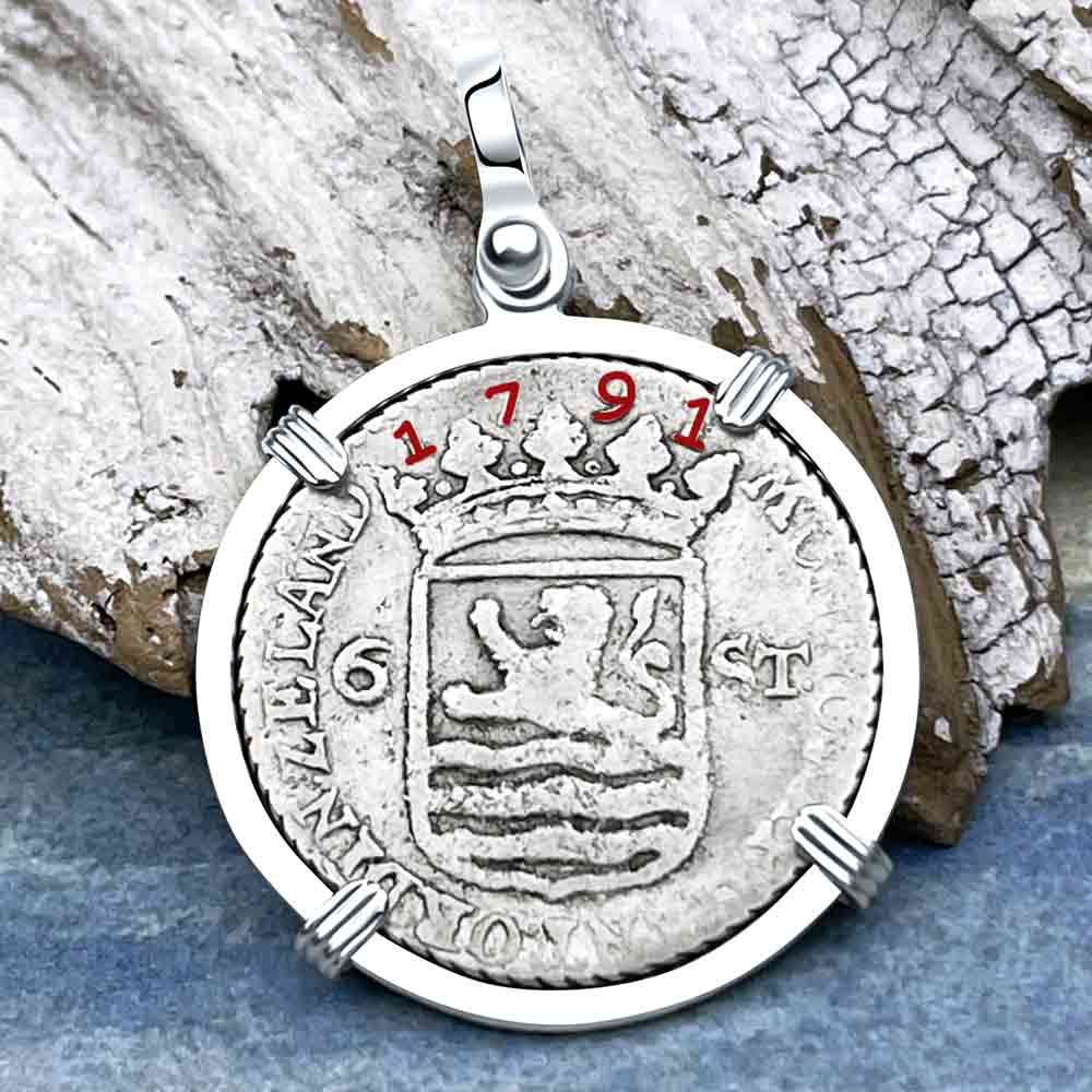 Dutch East India Company 1791 Silver 6 Stuiver Ship Shilling &quot;I Struggle and Survive&quot; Sterling Silver Pendant