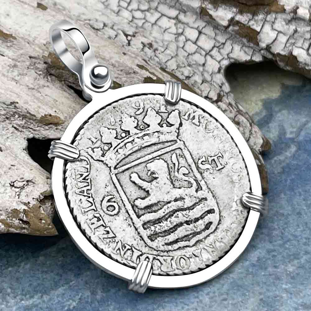 Dutch East India Company 1791 Silver 6 Stuiver Ship Shilling &quot;I Struggle and Survive&quot; Sterling Silver Pendant