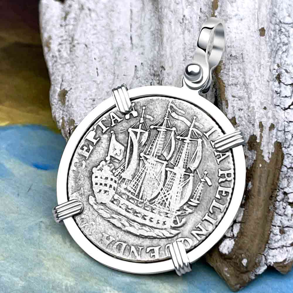 Dutch East India Company 1768 Silver 6 Stuiver Ship Shilling &quot;I Struggle and Survive&quot; Sterling Silver Pendant