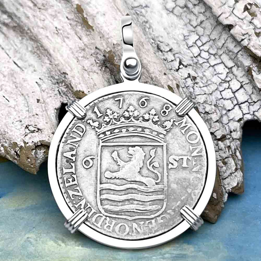 Dutch East India Company 1768 Silver 6 Stuiver Ship Shilling &quot;I Struggle and Survive&quot; Sterling Silver Pendant