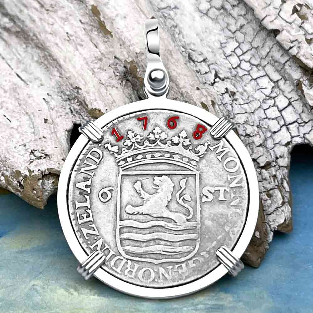 Dutch East India Company 1768 Silver 6 Stuiver Ship Shilling &quot;I Struggle and Survive&quot; Sterling Silver Pendant