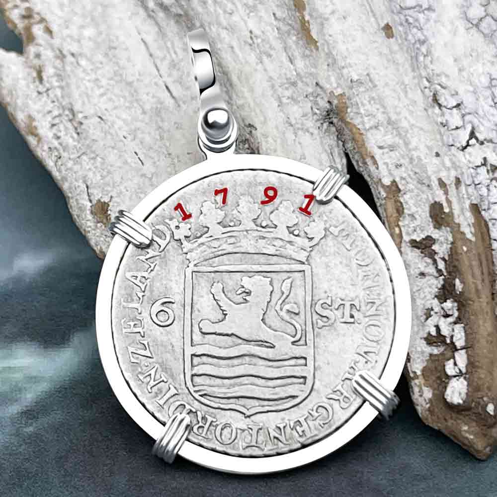 Dutch East India Company 1791 Silver 6 Stuiver Ship Shilling &quot;I Struggle and Survive&quot; Sterling Silver Pendant