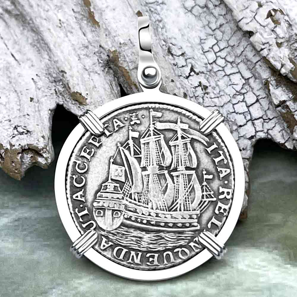 Dutch East India Company 1765 Silver 6 Stuiver Ship Shilling &quot;I Struggle and Survive&quot; Sterling Silver Pendant