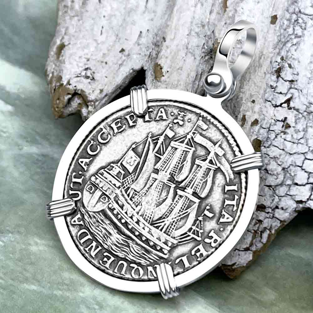 Dutch East India Company 1765 Silver 6 Stuiver Ship Shilling &quot;I Struggle and Survive&quot; Sterling Silver Pendant