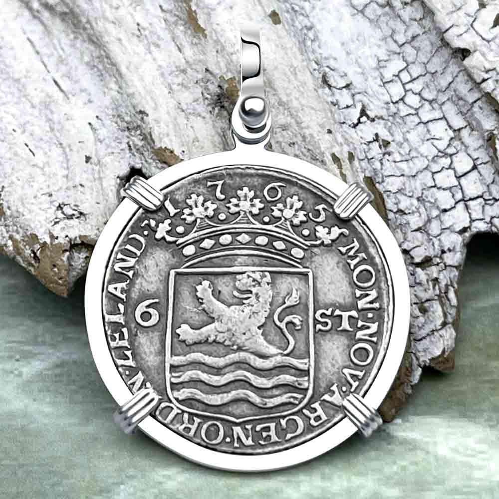 Dutch East India Company 1765 Silver 6 Stuiver Ship Shilling &quot;I Struggle and Survive&quot; Sterling Silver Pendant