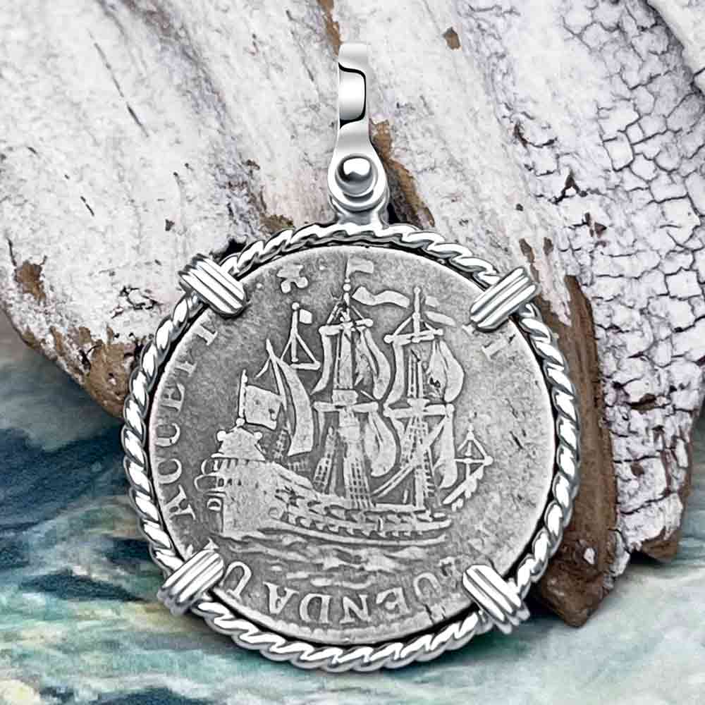 Dutch East India Company 1758 Silver 6 Stuiver Ship Shilling &quot;I Struggle and Survive&quot; Sterling Silver Pendant 