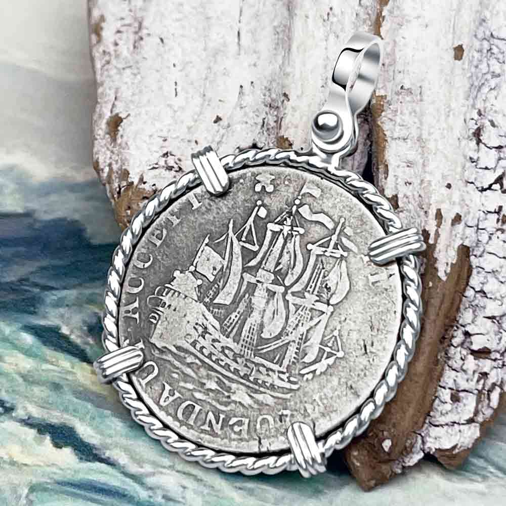 Dutch East India Company 1758 Silver 6 Stuiver Ship Shilling &quot;I Struggle and Survive&quot; Sterling Silver Pendant 