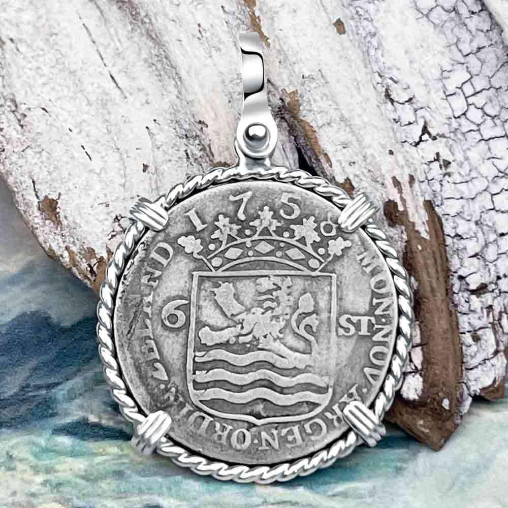 Dutch East India Company 1758 Silver 6 Stuiver Ship Shilling &quot;I Struggle and Survive&quot; Sterling Silver Pendant 