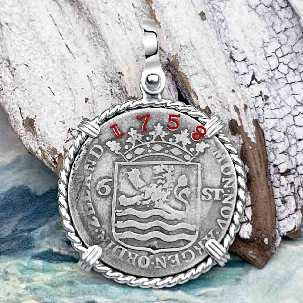 Dutch East India Company 1758 Silver 6 Stuiver Ship Shilling &quot;I Struggle and Survive&quot; Sterling Silver Pendant 