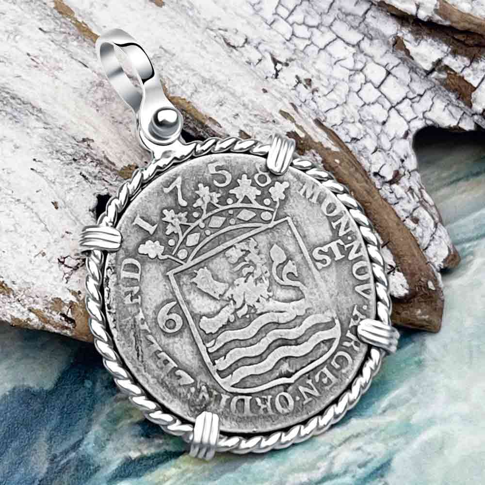 Dutch East India Company 1758 Silver 6 Stuiver Ship Shilling &quot;I Struggle and Survive&quot; Sterling Silver Pendant 