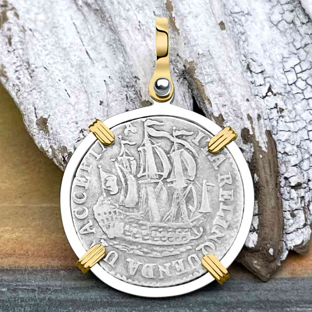 Dutch East India Company 1791 Silver 6 Stuiver Ship Shilling "I Struggle and Survive" 14K Gold & Sterling Silver Pendant