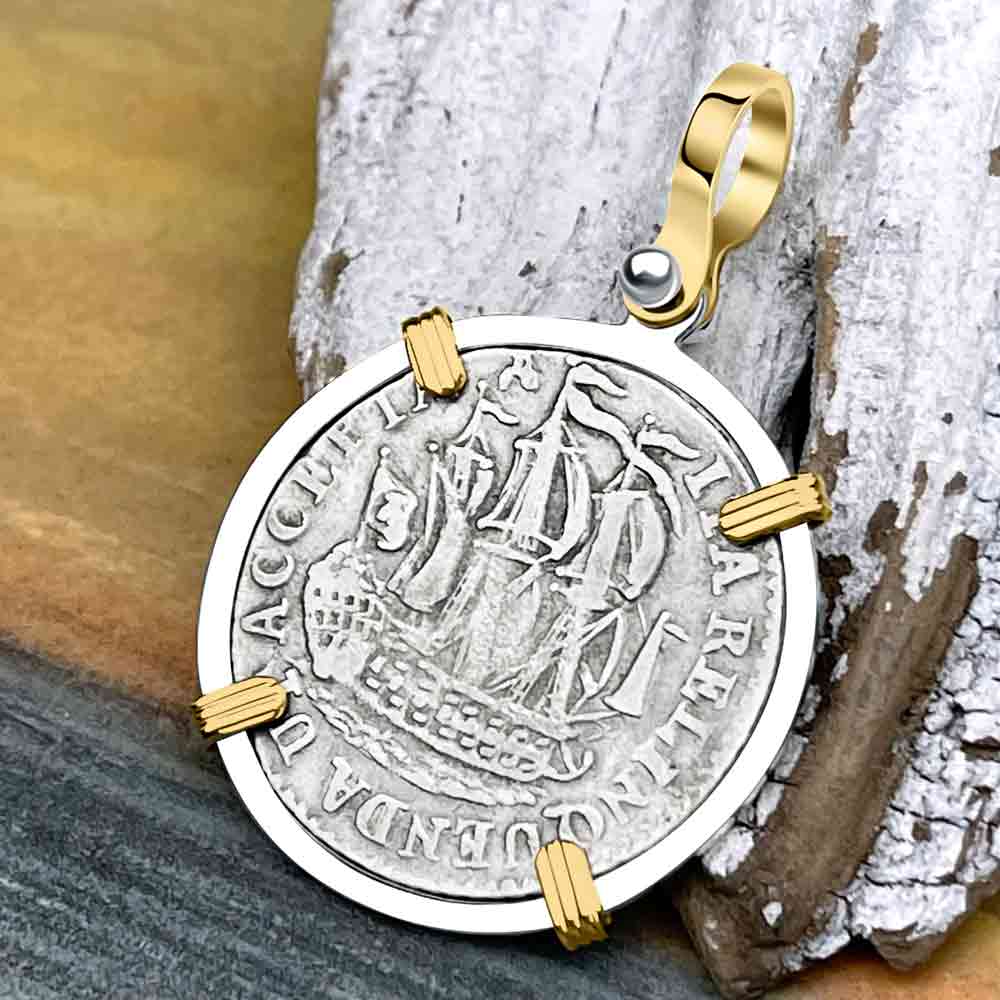 Dutch East India Company 1791 Silver 6 Stuiver Ship Shilling "I Struggle and Survive" 14K Gold & Sterling Silver Pendant