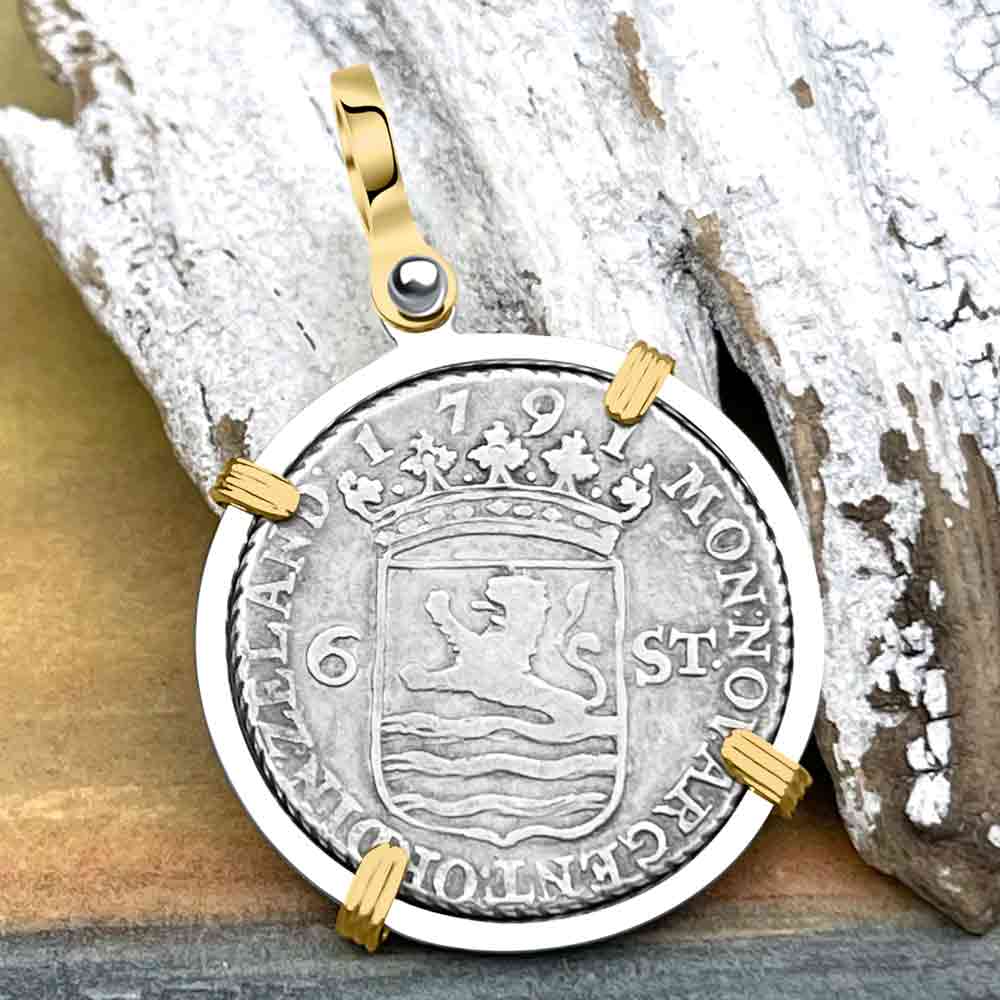 Dutch East India Company 1791 Silver 6 Stuiver Ship Shilling &quot;I Struggle and Survive&quot; 14K Gold &amp; Sterling Silver Pendant