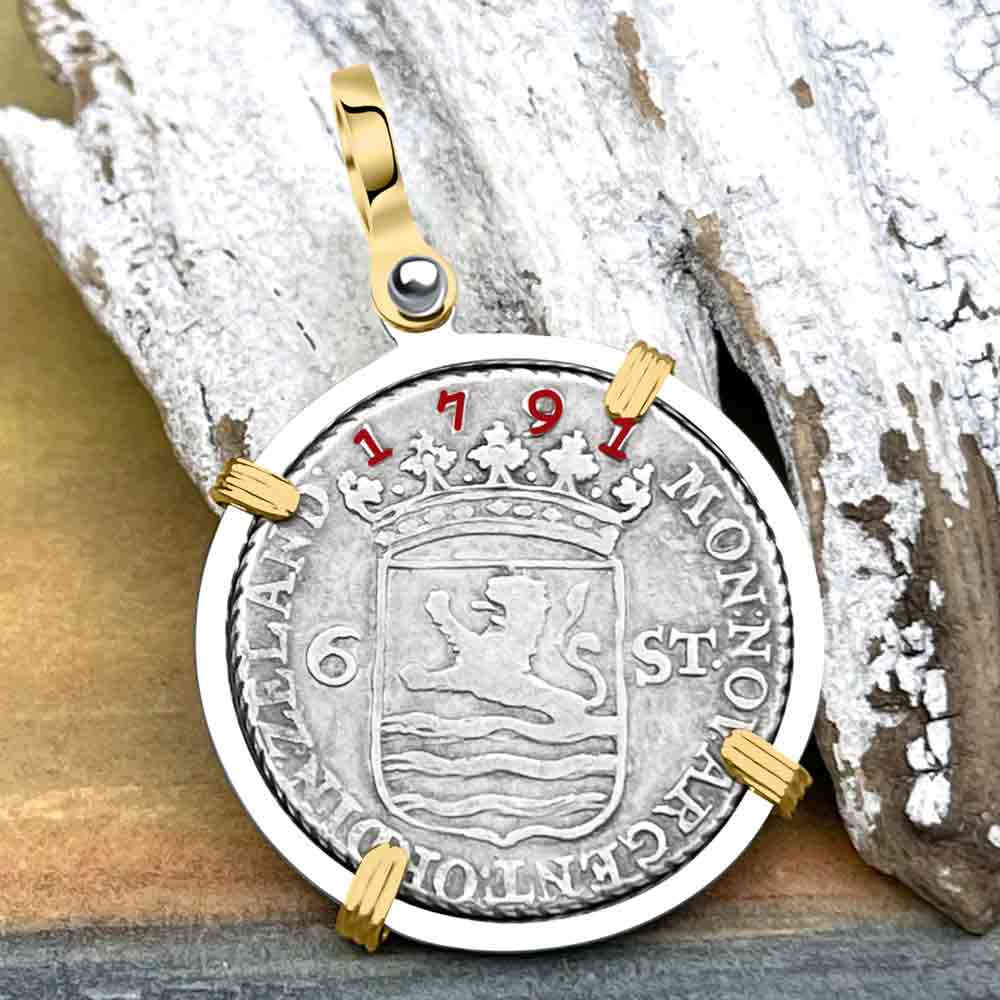 Dutch East India Company 1791 Silver 6 Stuiver Ship Shilling &quot;I Struggle and Survive&quot; 14K Gold &amp; Sterling Silver Pendant