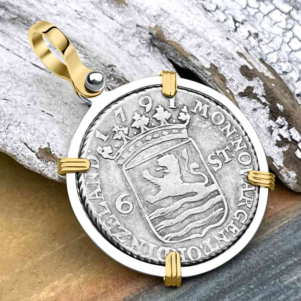 Dutch East India Company 1791 Silver 6 Stuiver Ship Shilling &quot;I Struggle and Survive&quot; 14K Gold &amp; Sterling Silver Pendant