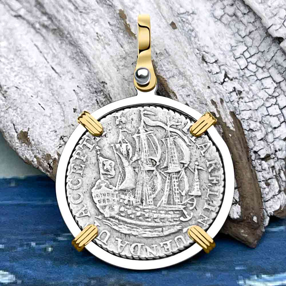 Dutch East India Company 1791 Silver 6 Stuiver Ship Shilling "I Struggle and Survive" 14K Gold & Sterling Silver Pendant