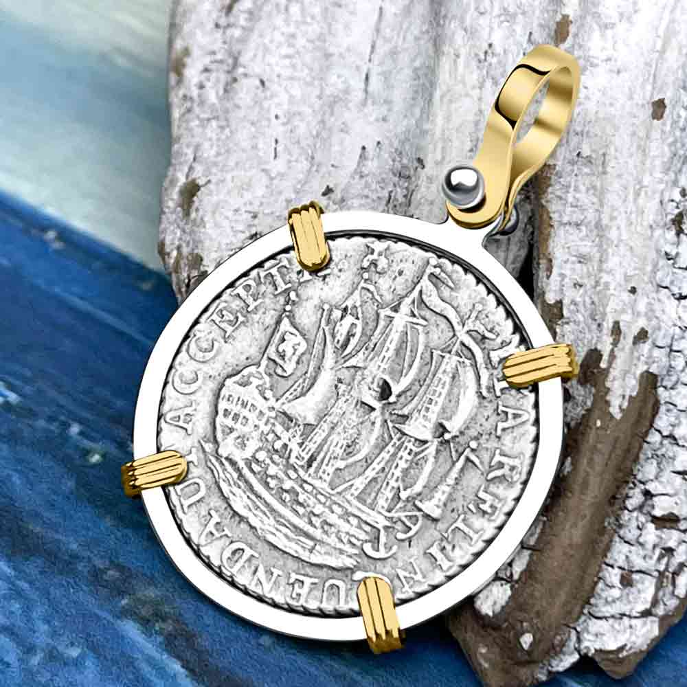 Dutch East India Company 1791 Silver 6 Stuiver Ship Shilling "I Struggle and Survive" 14K Gold & Sterling Silver Pendant