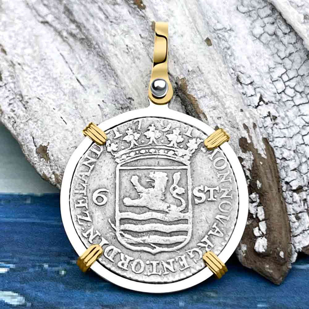 Dutch East India Company 1791 Silver 6 Stuiver Ship Shilling &quot;I Struggle and Survive&quot; 14K Gold &amp; Sterling Silver Pendant