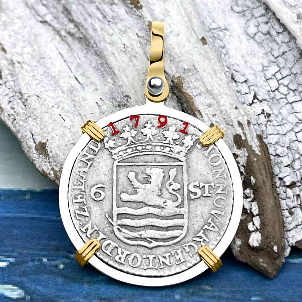 Dutch East India Company 1791 Silver 6 Stuiver Ship Shilling &quot;I Struggle and Survive&quot; 14K Gold &amp; Sterling Silver Pendant