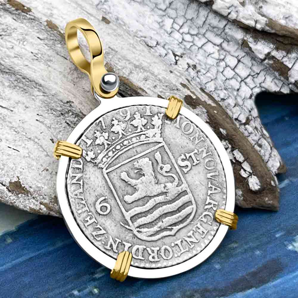 Dutch East India Company 1791 Silver 6 Stuiver Ship Shilling &quot;I Struggle and Survive&quot; 14K Gold &amp; Sterling Silver Pendant