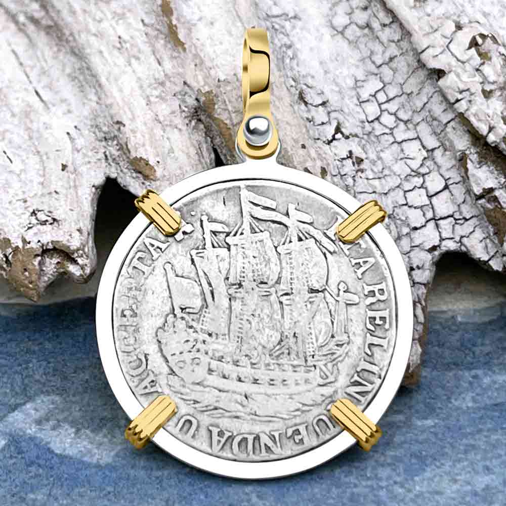 Dutch East India Company 1770 Silver 6 Stuiver Ship Shilling "I Struggle and Survive" 14K Gold & Sterling Silver Pendant