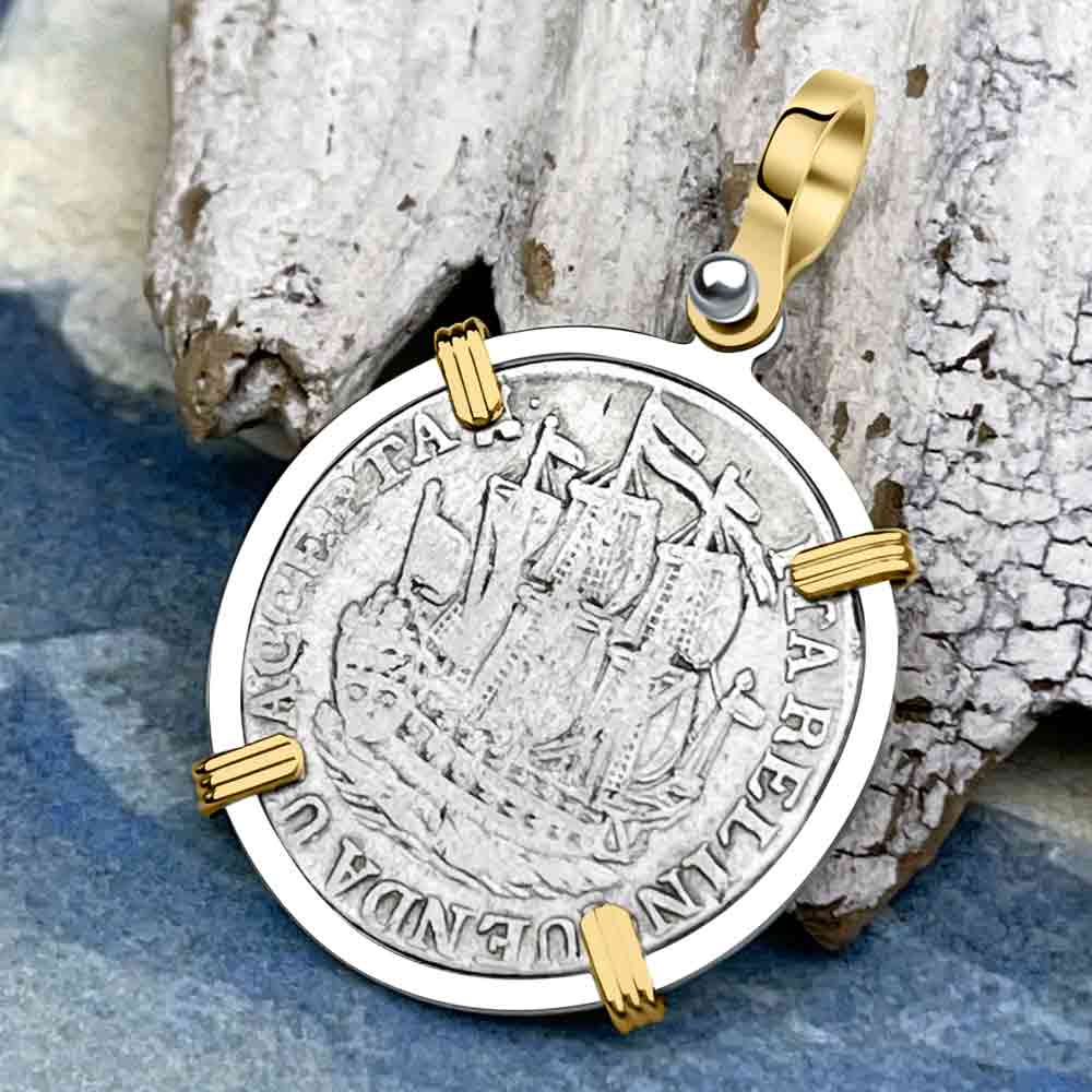 Dutch East India Company 1770 Silver 6 Stuiver Ship Shilling "I Struggle and Survive" 14K Gold & Sterling Silver Pendant