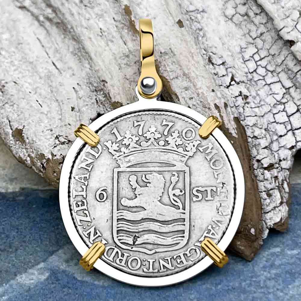 Dutch East India Company 1770 Silver 6 Stuiver Ship Shilling &quot;I Struggle and Survive&quot; 14K Gold &amp; Sterling Silver Pendant